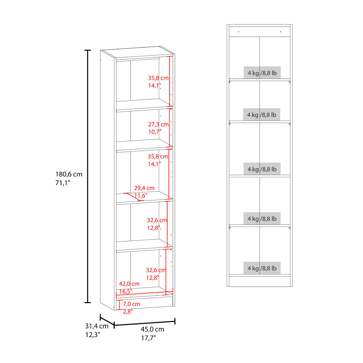 Estantería Rectangular Home Milan y Blanco 45x180.6cm con Cuatro Entrepaños - BIBLIOTECAS Y ESTANTERIAS | Bylmo