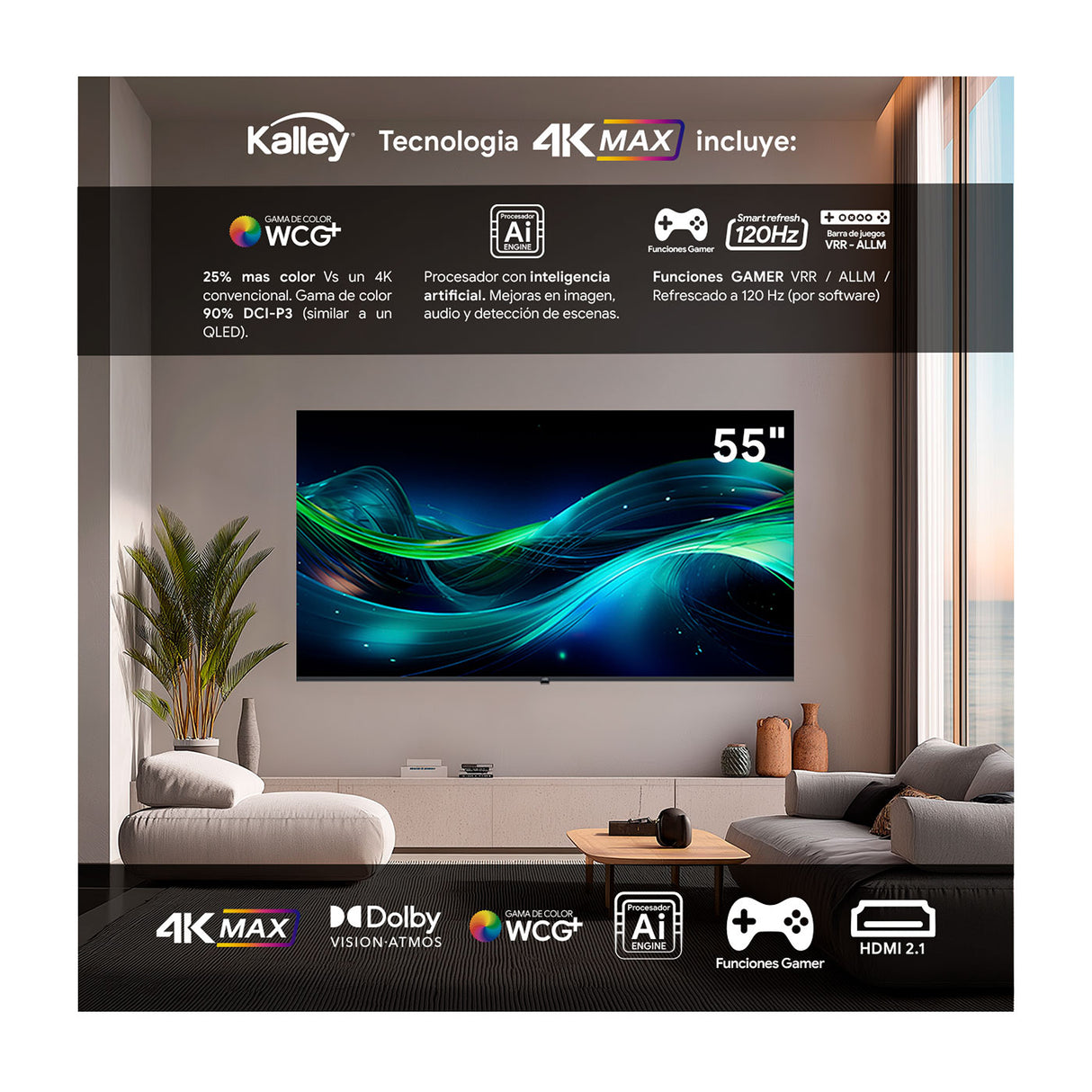 Televisor Kalley Google TV Negro 122.6x77.6cm de 55" Pulgadas Smart LED 4K 2160P con Wifi y Bluetooth Integrado - TELEVISORES | Bylmo