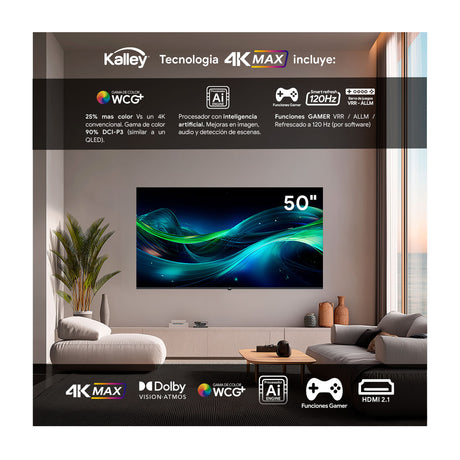 Televisor Kalley Google TV Negro 111.1x71.07cm de 50" Pulgadas Smart LED 4K 2160P con Wifi y Bluetooth Integrado - TELEVISORES | Bylmo