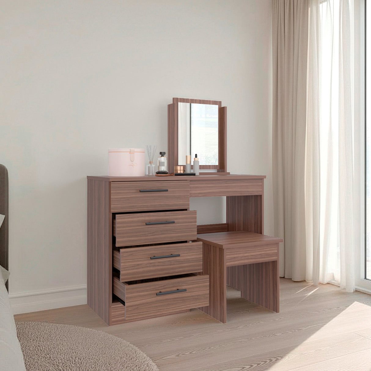 Tocador Kaia Avellana y Wengue 100x126.7cm con Cuatro Cajones y con Espejo - TOCADORES | Bylmo