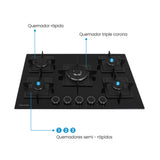 Estufa de Empotrar Challenger Aura Negro 76x50cm 110 Voltios para Gas Natural con Cinco Quemadores - ESTUFAS DE EMPORTRAR Y CUBIERTAS | Bylmo