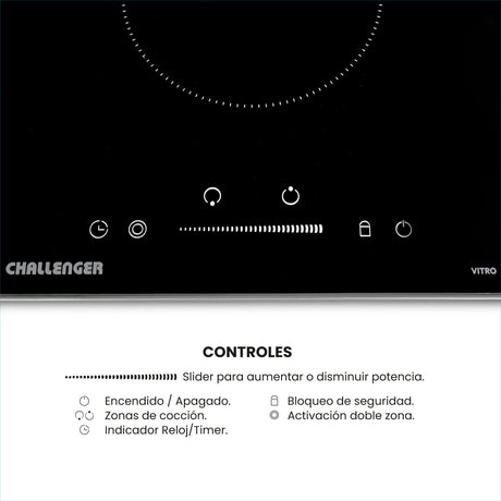 Estufa de Empotrar Challenger Vitrocerámica Negro 30x50cm 220 Voltios con Dos Quemadores y con Pantalla Digital - ESTUFAS DE EMPORTRAR Y CUBIERTAS | Bylmo
