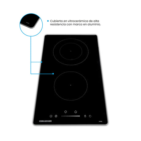 Estufa de Empotrar Challenger Vitrocerámica Negro 30x50cm 220 Voltios con Dos Quemadores y con Pantalla Digital - ESTUFAS DE EMPORTRAR Y CUBIERTAS | Bylmo