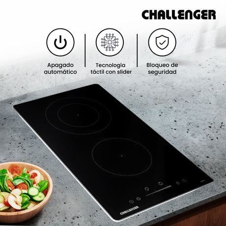 Estufa de Empotrar Challenger Vitrocerámica Negro 30x50cm 220 Voltios con Dos Quemadores y con Pantalla Digital - ESTUFAS DE EMPORTRAR Y CUBIERTAS | Bylmo