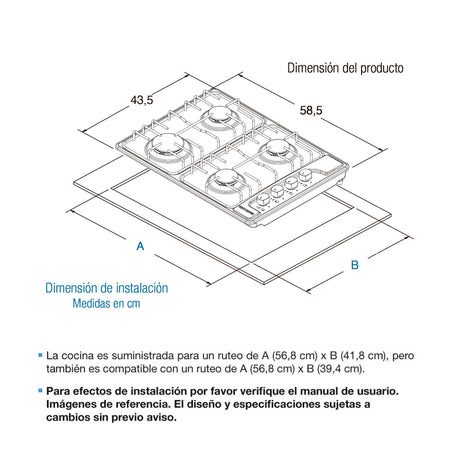 Estufa de Empotrar Challenger Precisa Plateado y Gris 58.5x43.5cm para Gas Natural con Cuatro Quemadores - ESTUFAS DE EMPORTRAR Y CUBIERTAS | Bylmo