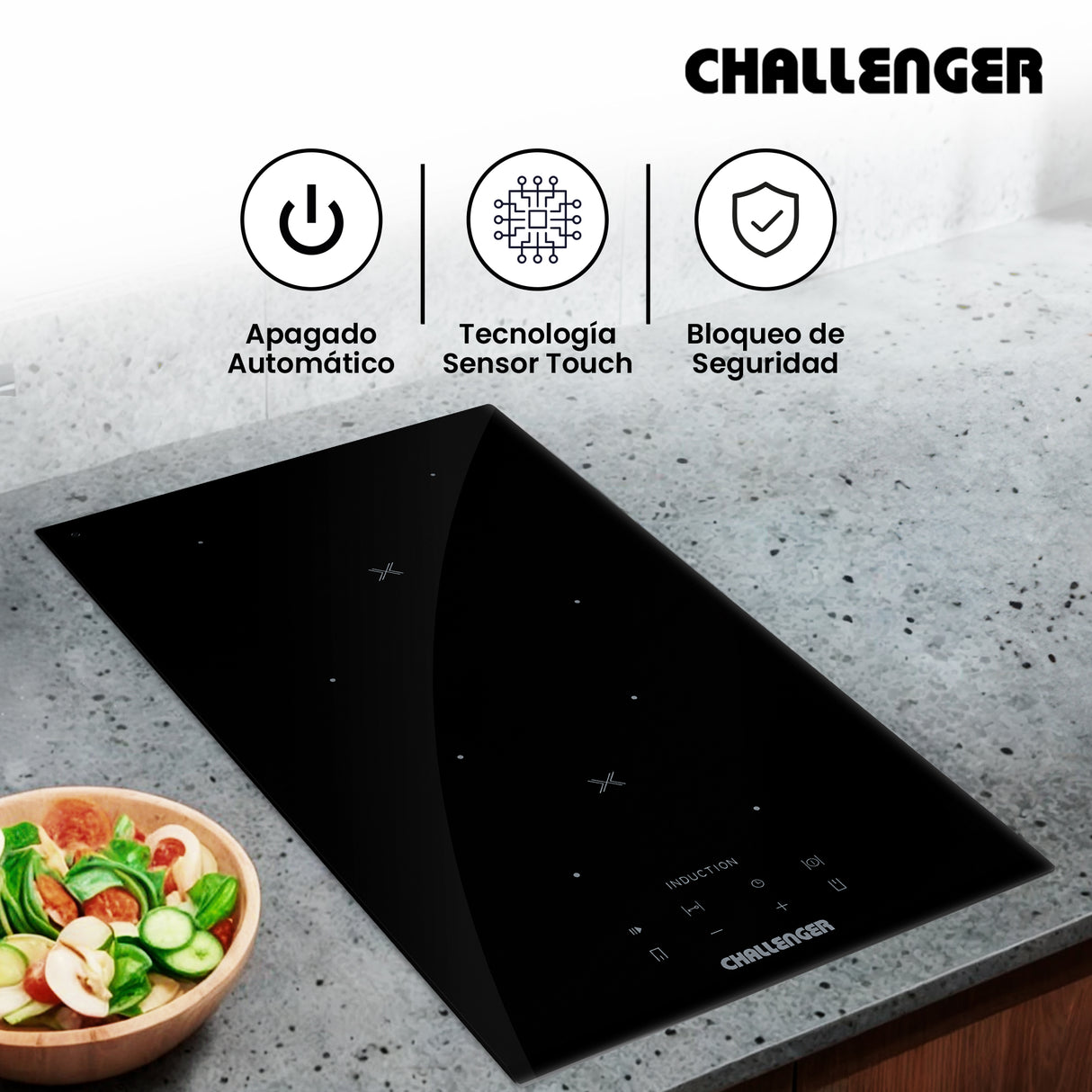 Estufa de Empotrar Challenger Inducción Negro 30x52cm 220 Voltios con Dos Quemadores y con Pantalla Digital - ESTUFAS DE EMPORTRAR Y CUBIERTAS | Bylmo