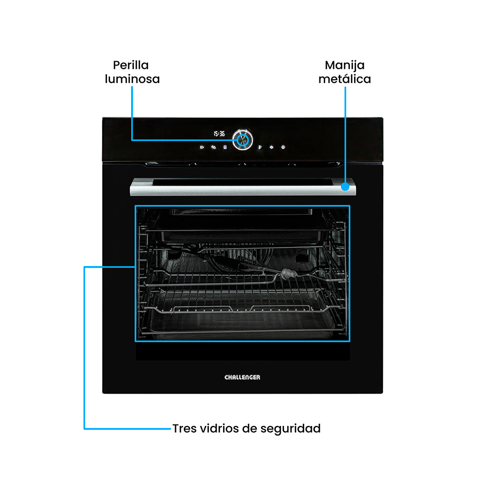 Horno de Empotrar Challenger Aura Negro 59.5x59.5cm Electrico 220 Voltios con Pantalla Digital - HORNOS DE EMPORTRAR | Bylmo