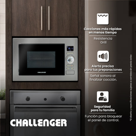 Horno Microondas de Empotrar Challenger Gris y Negro 59.5x38.8cm de 25 Litros con Ocho Funciones Preconfiguradas - HORNOS MICROONDAS | Bylmo