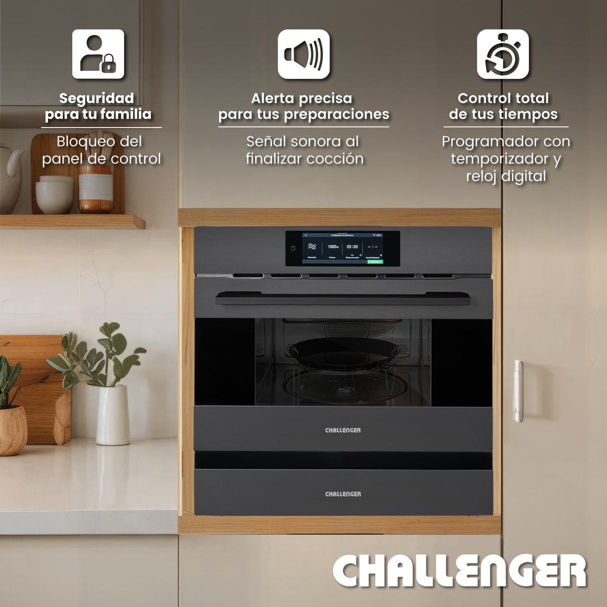 Horno Microondas de Empotrar Challenger Isola Gris Mate 59.5x45.5cm de 35 Litros con Once Funciones Preconfiguradas - HORNOS MICROONDAS | Bylmo