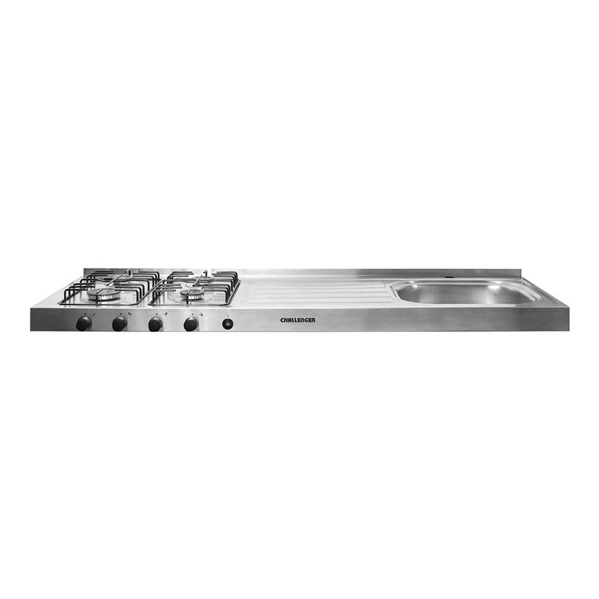 Mesón de Cocina Challenger Gris 150x50cm de Acero Inoxidable con Pozuelo Lado Derecho y con Estufa - MESONES DE COCINA | Bylmo