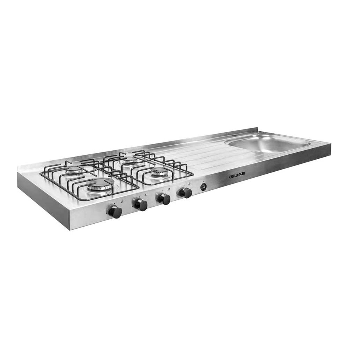 Mesón de Cocina Challenger Gris 150x50cm de Acero Inoxidable con Pozuelo Lado Derecho y con Estufa - MESONES DE COCINA | Bylmo
