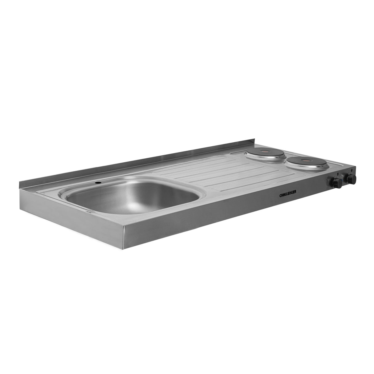 Mesón de Cocina Challenger Gris 120x50cm de Acero Inoxidable con Pozuelo Lado Izquierdo y con Estufa - MESONES DE COCINA | Bylmo