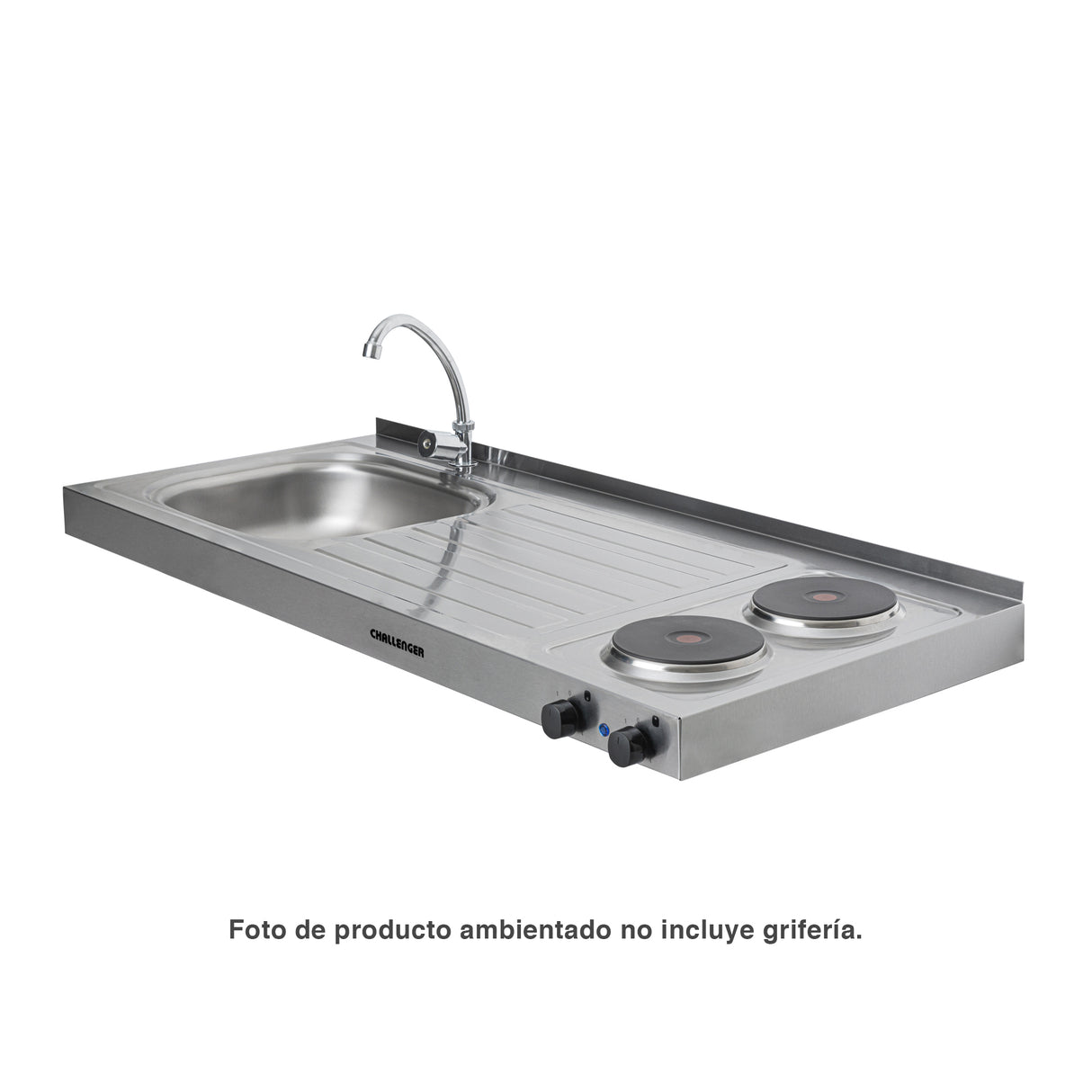 Mesón de Cocina Challenger Gris 120x50cm de Acero Inoxidable con Pozuelo Lado Izquierdo y con Estufa - MESONES DE COCINA | Bylmo
