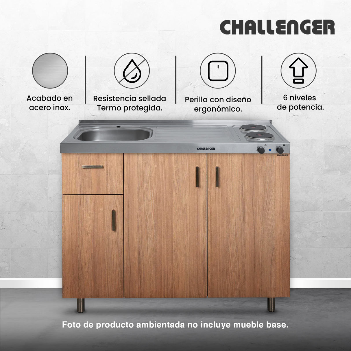 Mesón de Cocina Challenger Gris 120x50cm de Acero Inoxidable con Pozuelo Lado Izquierdo y con Estufa - MESONES DE COCINA | Bylmo