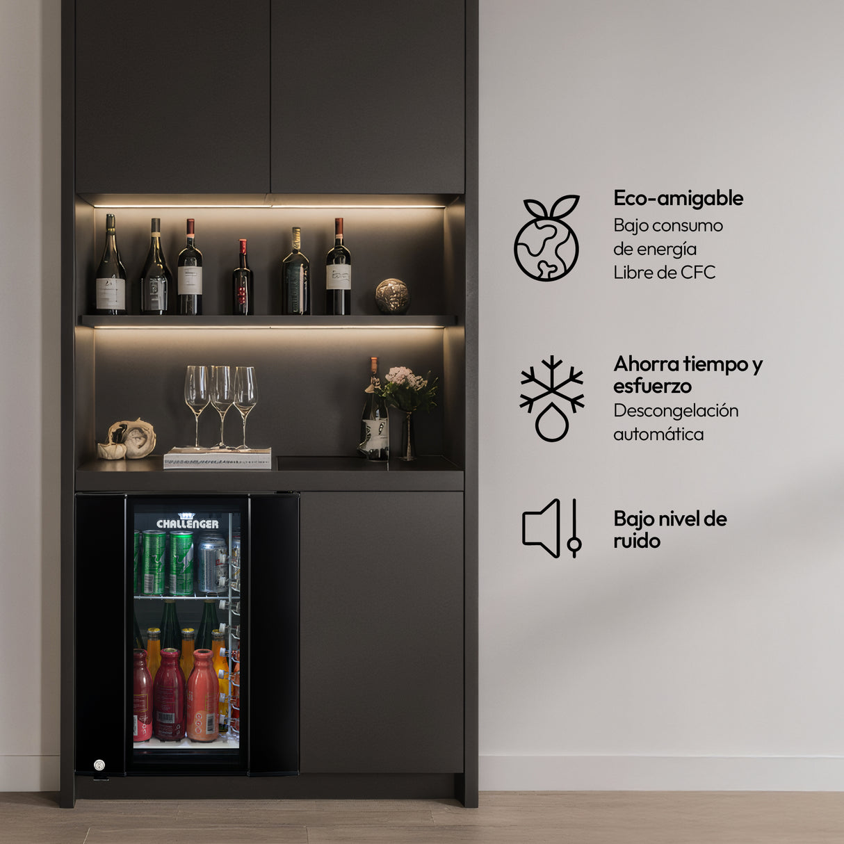 Mini Bar Challenger Negro 42.7x58.4cm Frost de 44 Litros con Iluminación Interna - MINIBAR | Bylmo