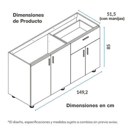 Mueble Inferior de Cocina Challenger Nola 149.2x85cm sin Meson y sin Estufa