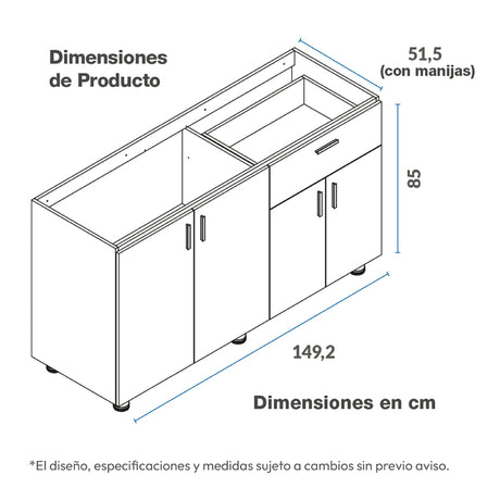 Mueble Inferior de Cocina Challenger Nola 149.2x85cm sin Meson y sin Estufa - MUEBLES INFERIORES DE COCINA | Bylmo
