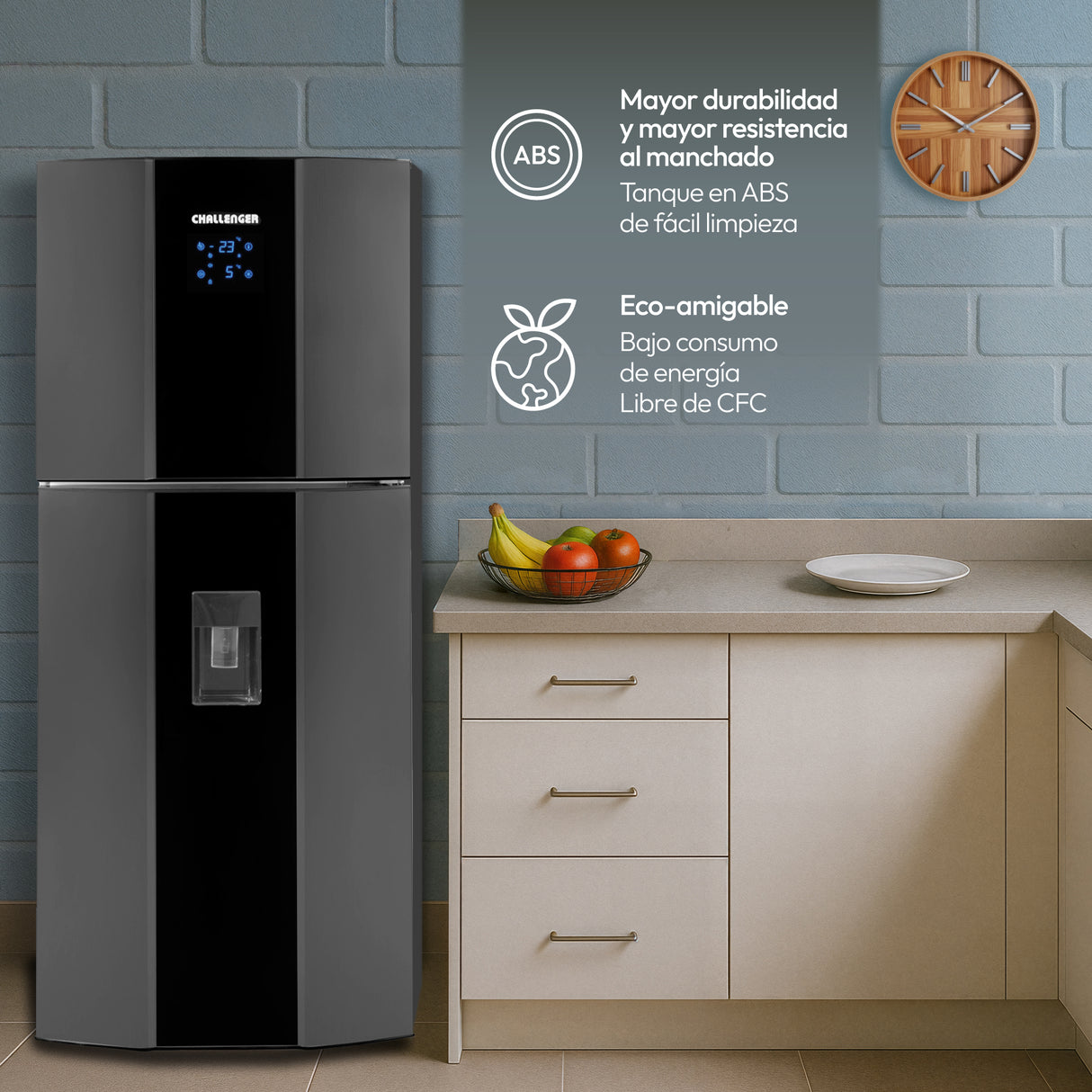 Nevera Challenger Black Gris y Negro 69x164cm No Frost de 341 Litros con Dispensador de Agua y con Congelador - NEVERAS | Bylmo