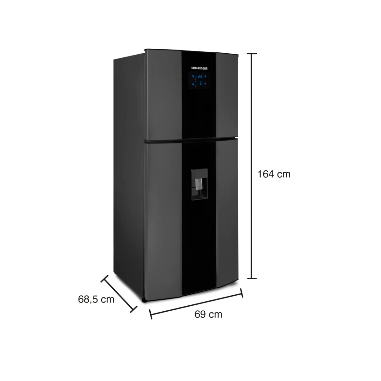 Nevera Challenger Black Gris y Negro 69x164cm No Frost de 341 Litros con Dispensador de Agua y con Congelador - NEVERAS | Bylmo