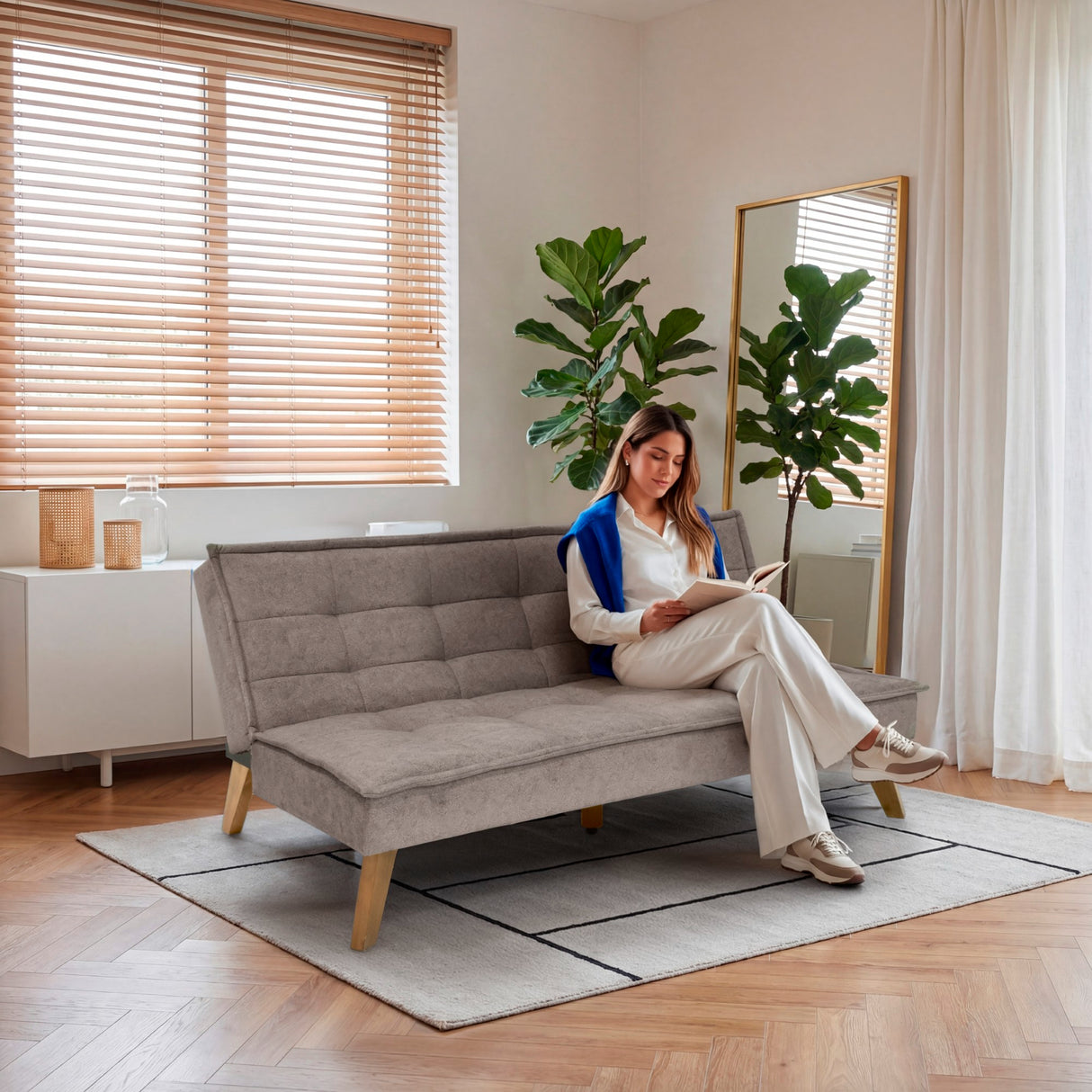 Sofá Cama Morrison Taupe y Matiz Caoba 174x80cm de Tres Puestos Reclinable sin Apoya Brazos - SOFAS Y POLTRONAS | Bylmo