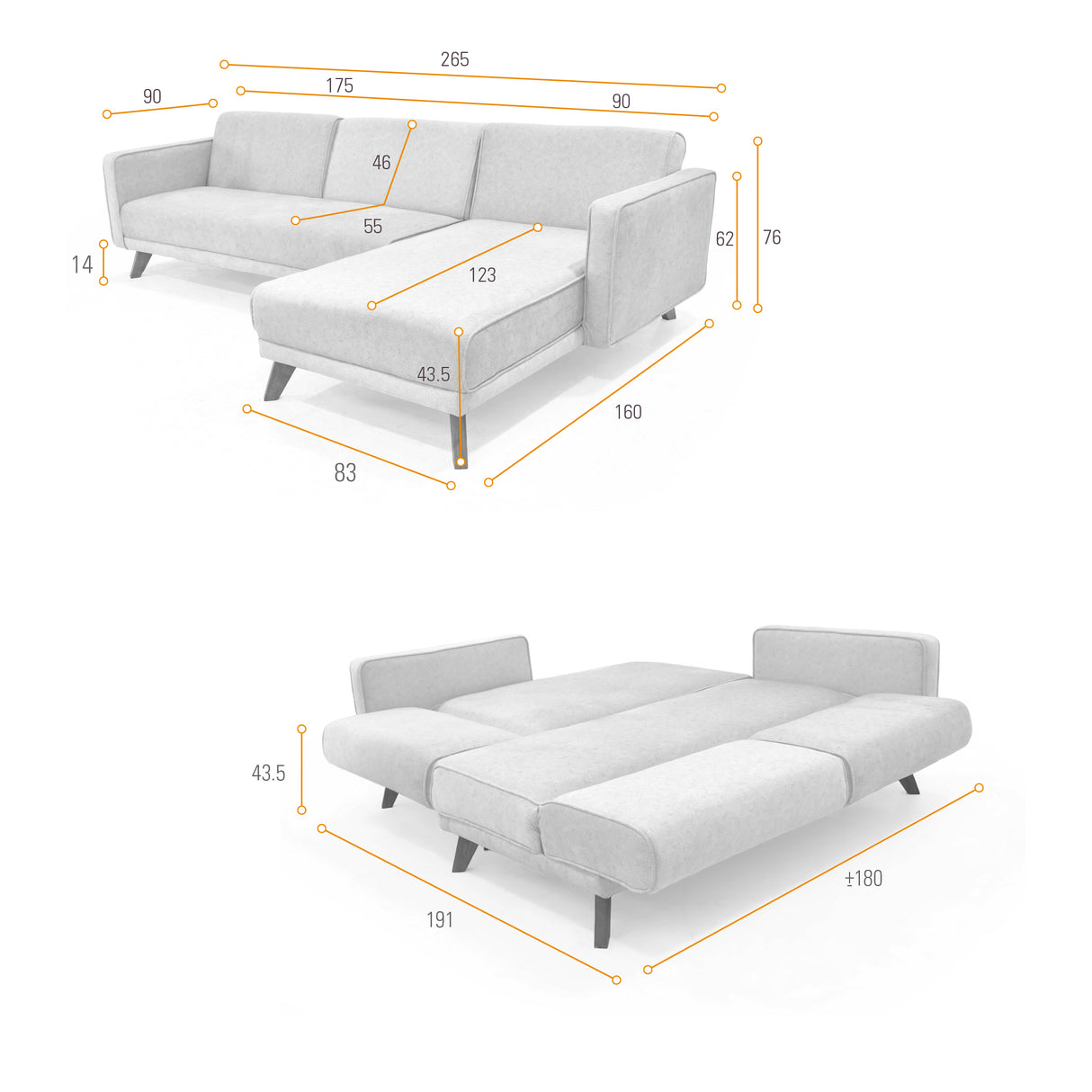 Sofá Cama en L Izquierda Chelsea Gris y Matiz Caoba 175x76cm de Dos Puestos Reclinable con Apoya Brazos - SOFAS Y POLTRONAS | Bylmo