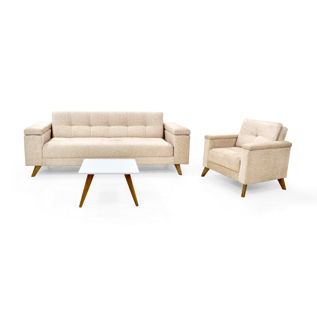 Sala Moretto Beige y Matiz Caoba 230x82cm de Tres Puestos Reclinable con Apoya Brazos - SOFAS Y POLTRONAS | Bylmo