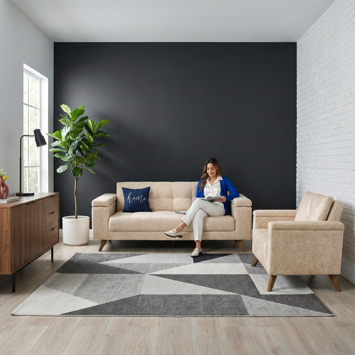 Sala Moretto Beige y Matiz Caoba 230x82cm de Tres Puestos Reclinable con Apoya Brazos - SOFAS Y POLTRONAS | Bylmo