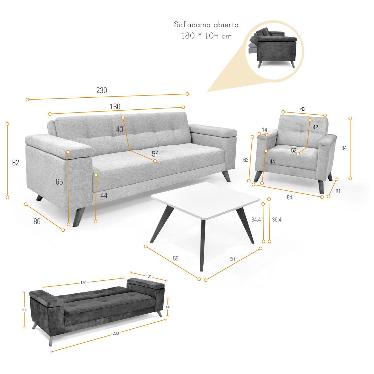 Sala Moretto Beige y Matiz Caoba 230x82cm de Tres Puestos Reclinable con Apoya Brazos - SOFAS Y POLTRONAS | Bylmo