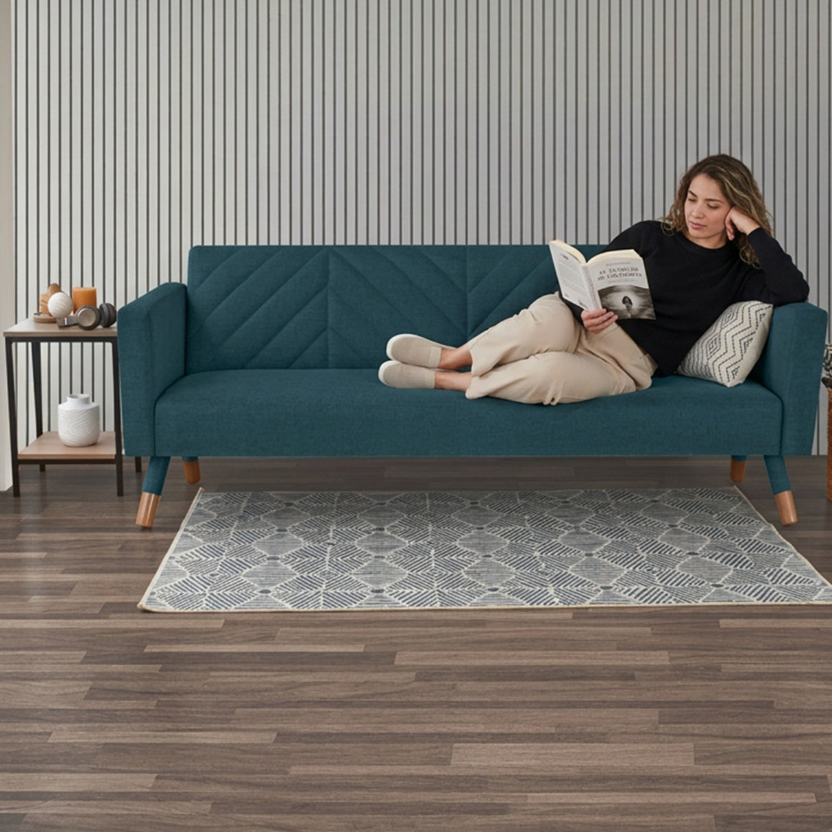 Sofá Cama Artemisa Azul y Matiz Natural 196x78cm de Tres Puestos Reclinable con Apoya Brazos - SOFAS Y POLTRONAS | Bylmo