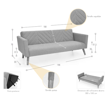 Sofá Cama Artemisa Azul y Matiz Natural 196x78cm de Tres Puestos Reclinable con Apoya Brazos - SOFAS Y POLTRONAS | Bylmo