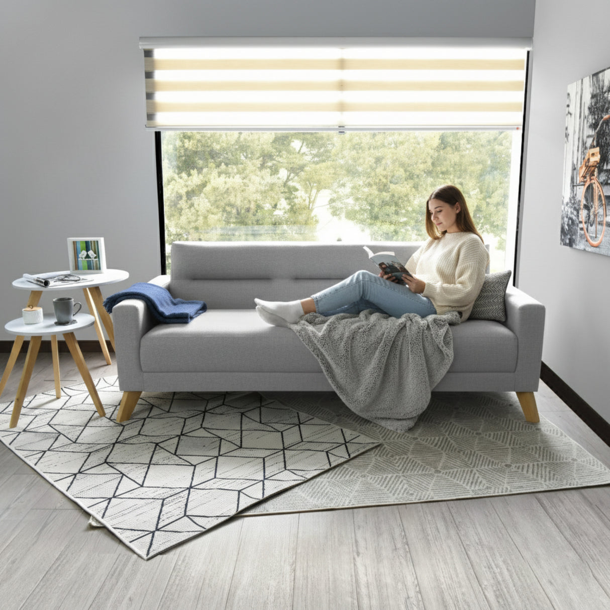 Sofá Cama Sion Plata y Matiz Natural 206x82cm de Tres Puestos Reclinable con Apoya Brazos - SOFAS Y POLTRONAS | Bylmo