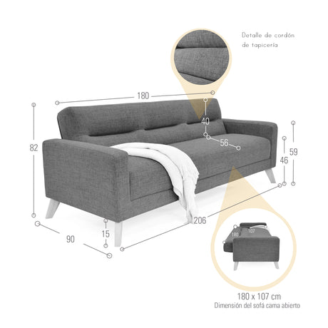 Sofá Cama Sion Plata y Matiz Natural 206x82cm de Tres Puestos Reclinable con Apoya Brazos - SOFAS Y POLTRONAS | Bylmo
