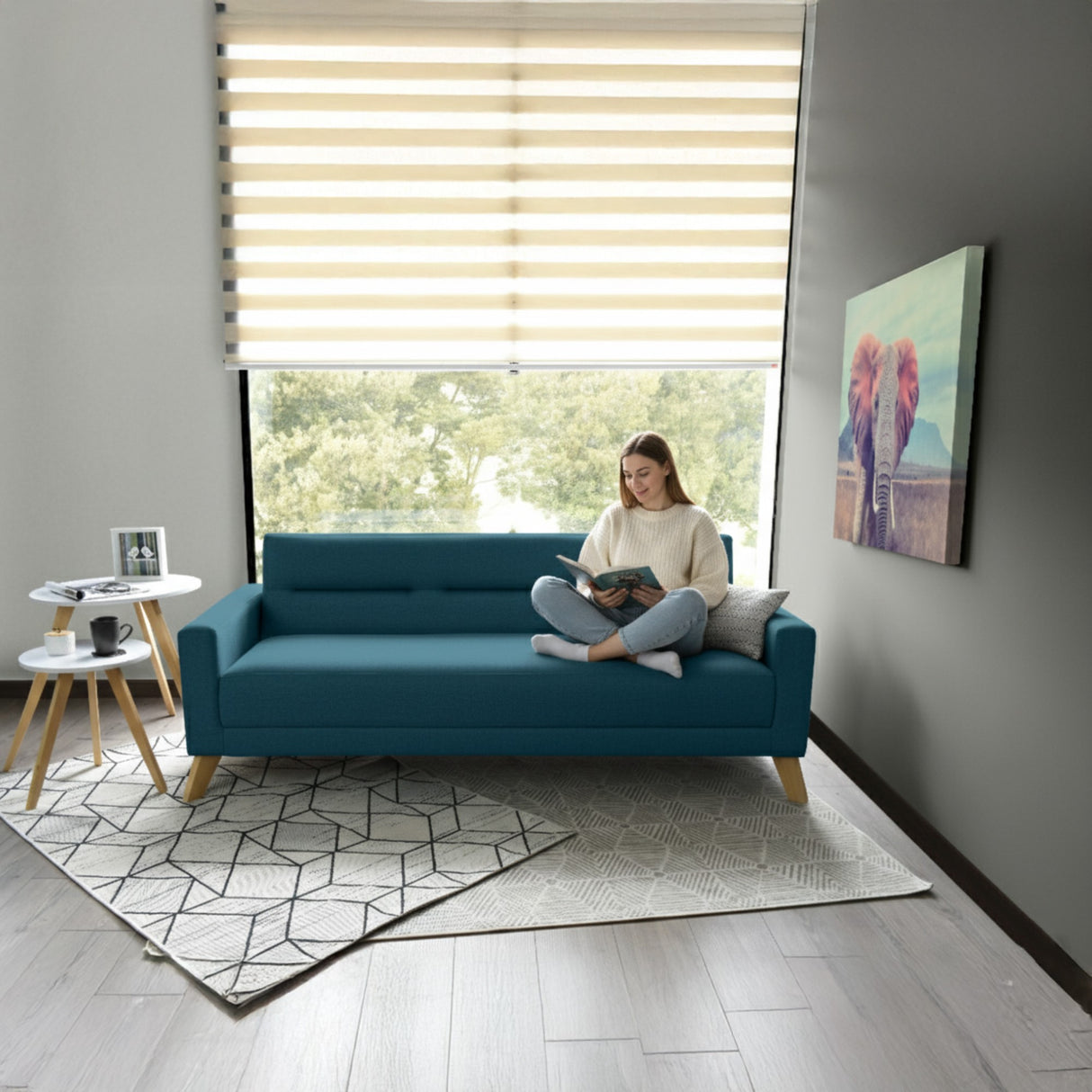 Sofá Cama Sion Azul y Matiz Natural 206x82cm de Tres Puestos Reclinable con Apoya Brazos - SOFAS Y POLTRONAS | Bylmo