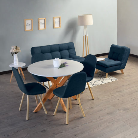 Combo Sala y Comedor Toulouse Azul y Matiz Natural 140x80cm de Dos Puestos sin Apoya Brazos con Cuatro Sillas - SOFAS Y POLTRONAS | Bylmo