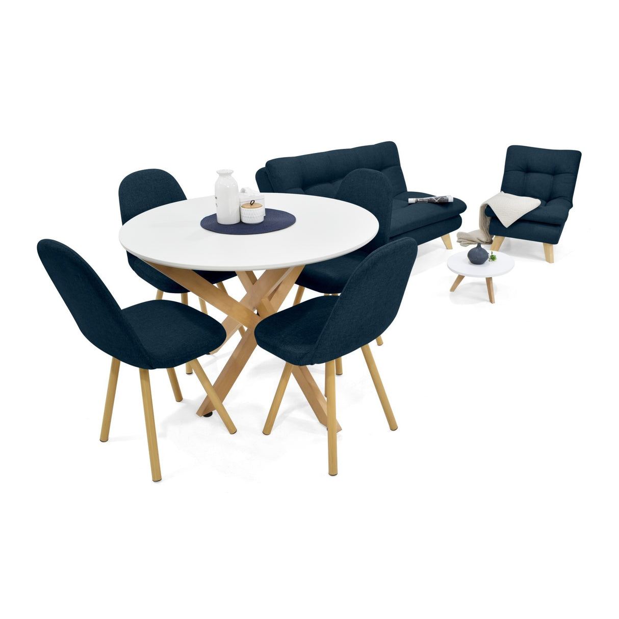 Combo Sala y Comedor Toulouse Azul y Matiz Natural 140x80cm de Dos Puestos sin Apoya Brazos con Cuatro Sillas - SOFAS Y POLTRONAS | Bylmo