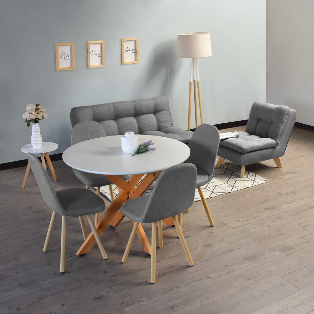 Combo Sala y Comedor Toulouse Gris y Matiz Natural 140x80cm de Dos Puestos sin Apoya Brazos y con 4 Sillas de Comedor - SOFAS Y POLTRONAS | Bylmo