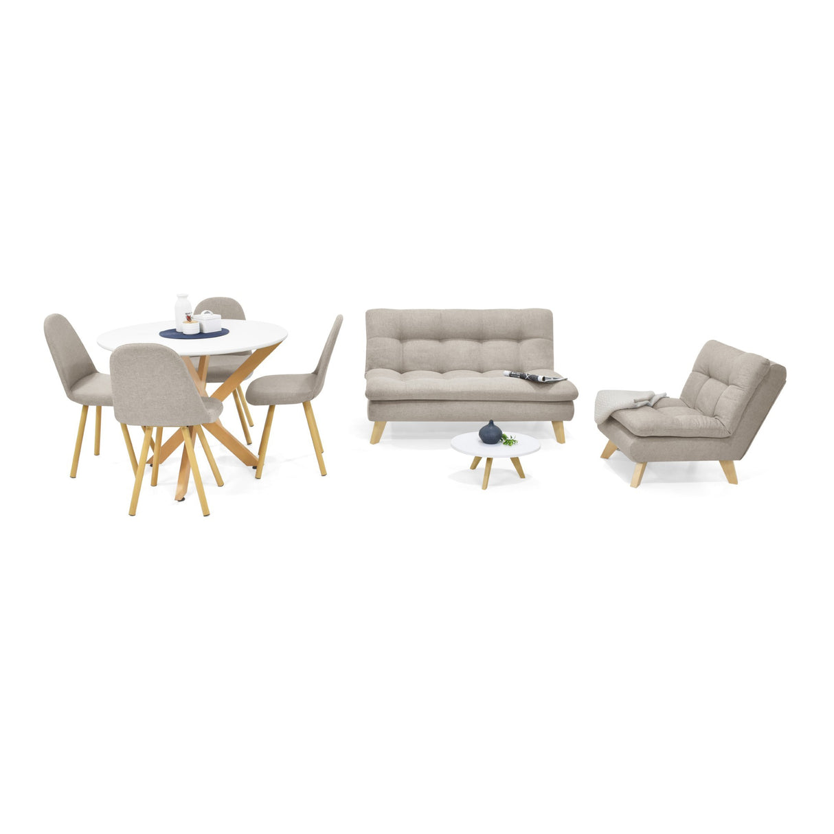 Combo Sala y Comedor Toulouse Beige y Matiz Natural 140x80cm de Dos Puestos sin Apoya Brazos y con Cuatro Sillas - SOFAS Y POLTRONAS | Bylmo