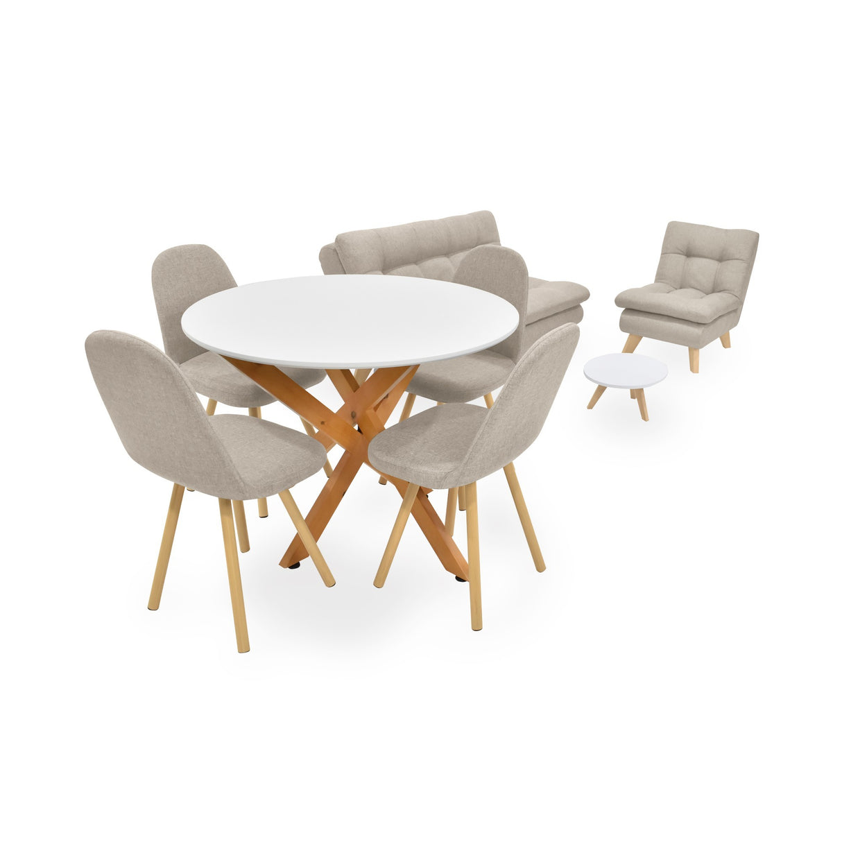 Combo Sala y Comedor Toulouse Beige y Matiz Natural 140x80cm de Dos Puestos sin Apoya Brazos y con Cuatro Sillas - SOFAS Y POLTRONAS | Bylmo