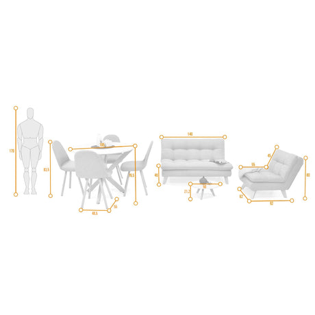 Combo Sala y Comedor Toulouse Beige y Matiz Natural 140x80cm de Dos Puestos sin Apoya Brazos y con Cuatro Sillas - SOFAS Y POLTRONAS | Bylmo