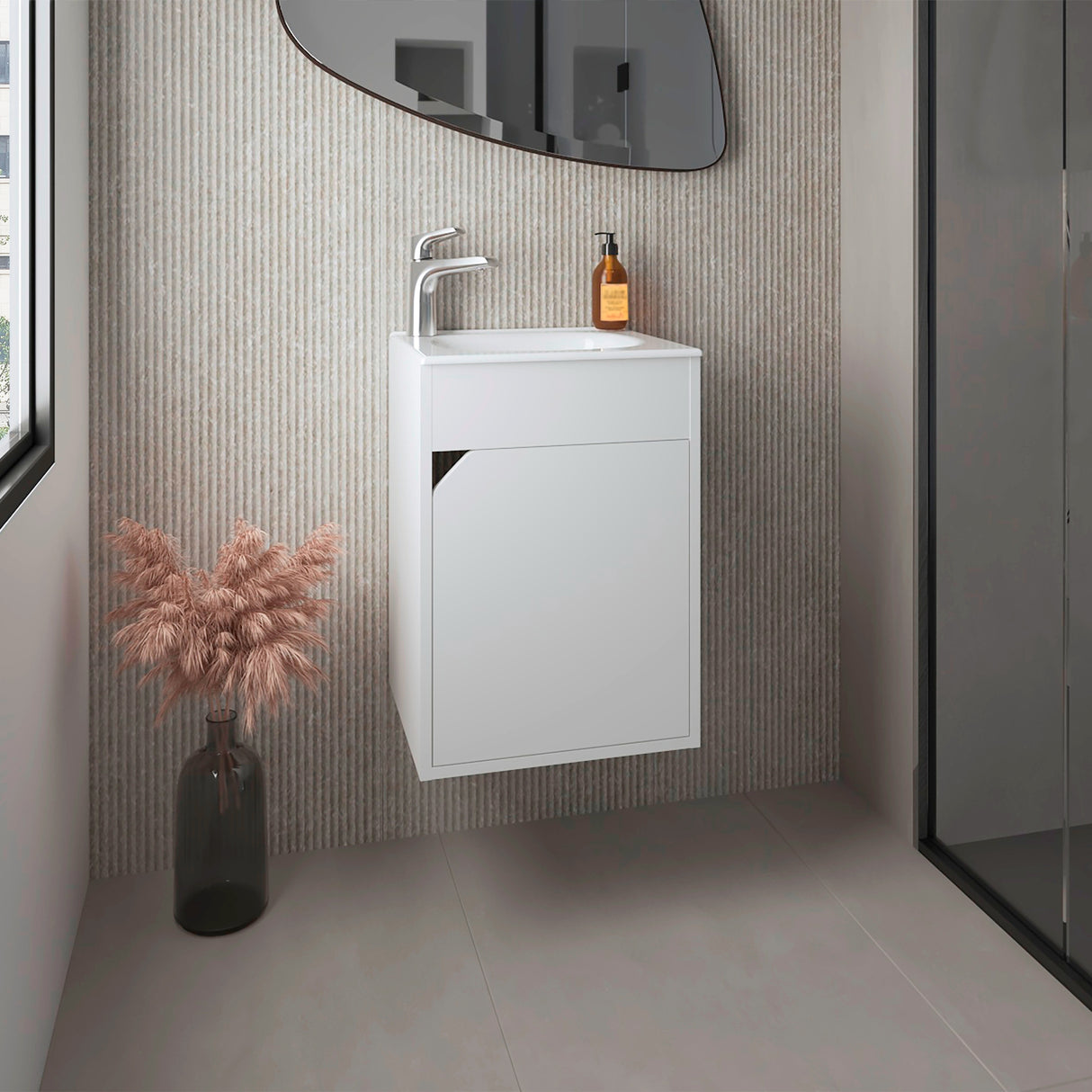 Mueble para Lavamanos Bethel Blanco 39.4x55cm Flotante Individual con Lavamanos de Sobreponer y con Una Puerta - MUEBLES PARA LAVAMANOS | Bylmo