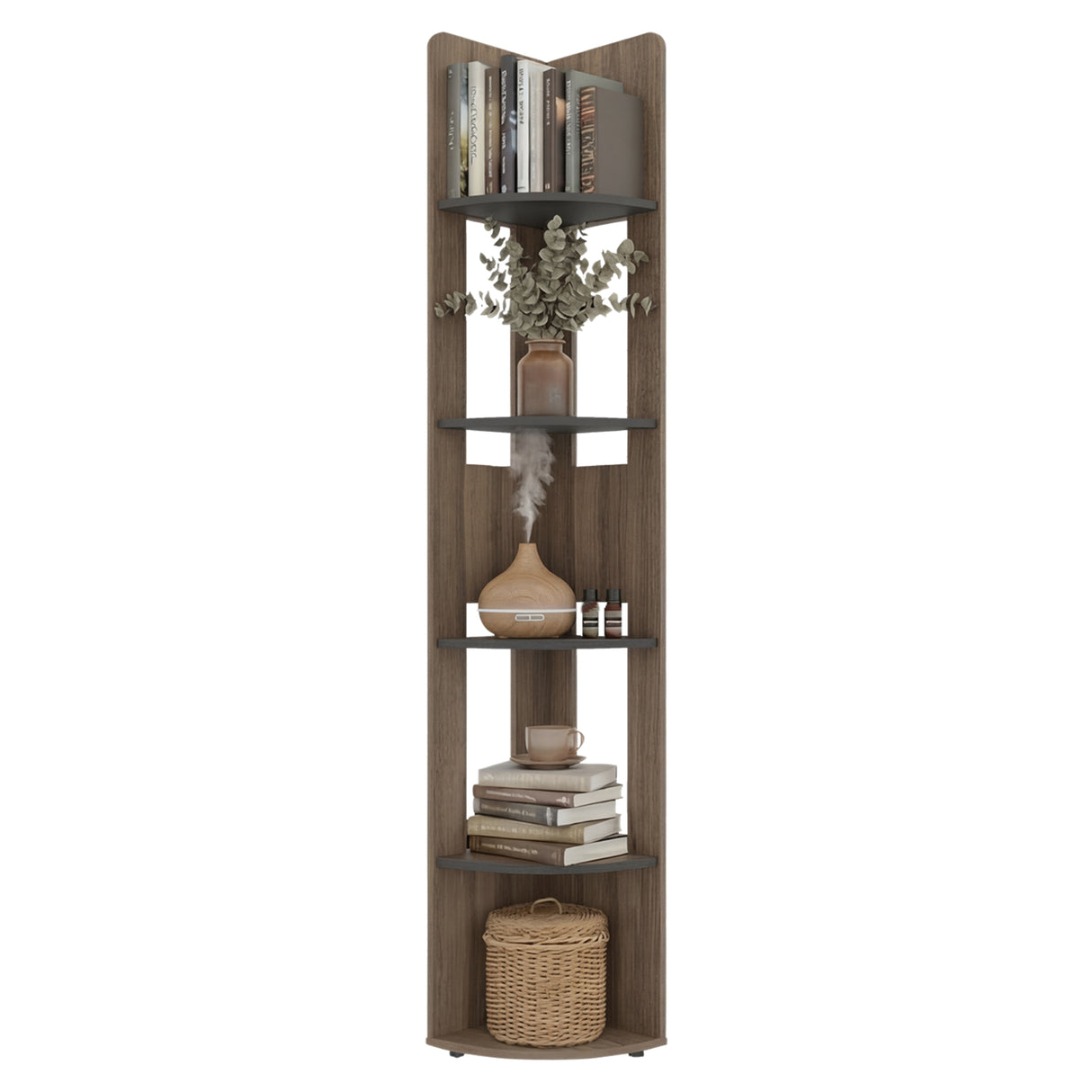 Estantería Home E7 Avellana 30x180.6cm Triangular con Cinco Compartimientos y con Cuatro Entrepaños - BIBLIOTECAS Y ESTANTERIAS | Bylmo