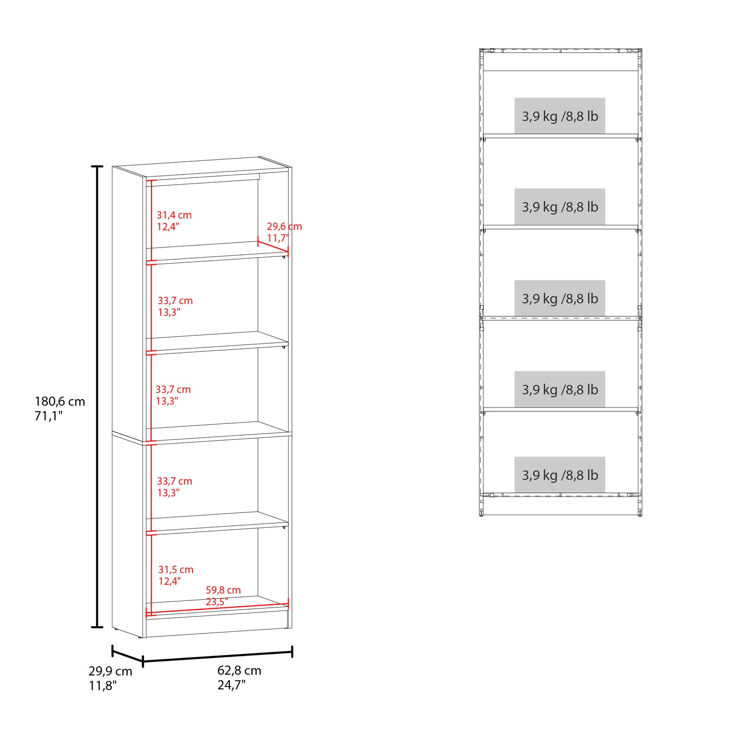 Estantería Home E1 Cartagena 62.8x180.6cm Rectangular con Cinco Compartimientos y con Cuatro Entrepaños - BIBLIOTECAS Y ESTANTERIAS | Bylmo
