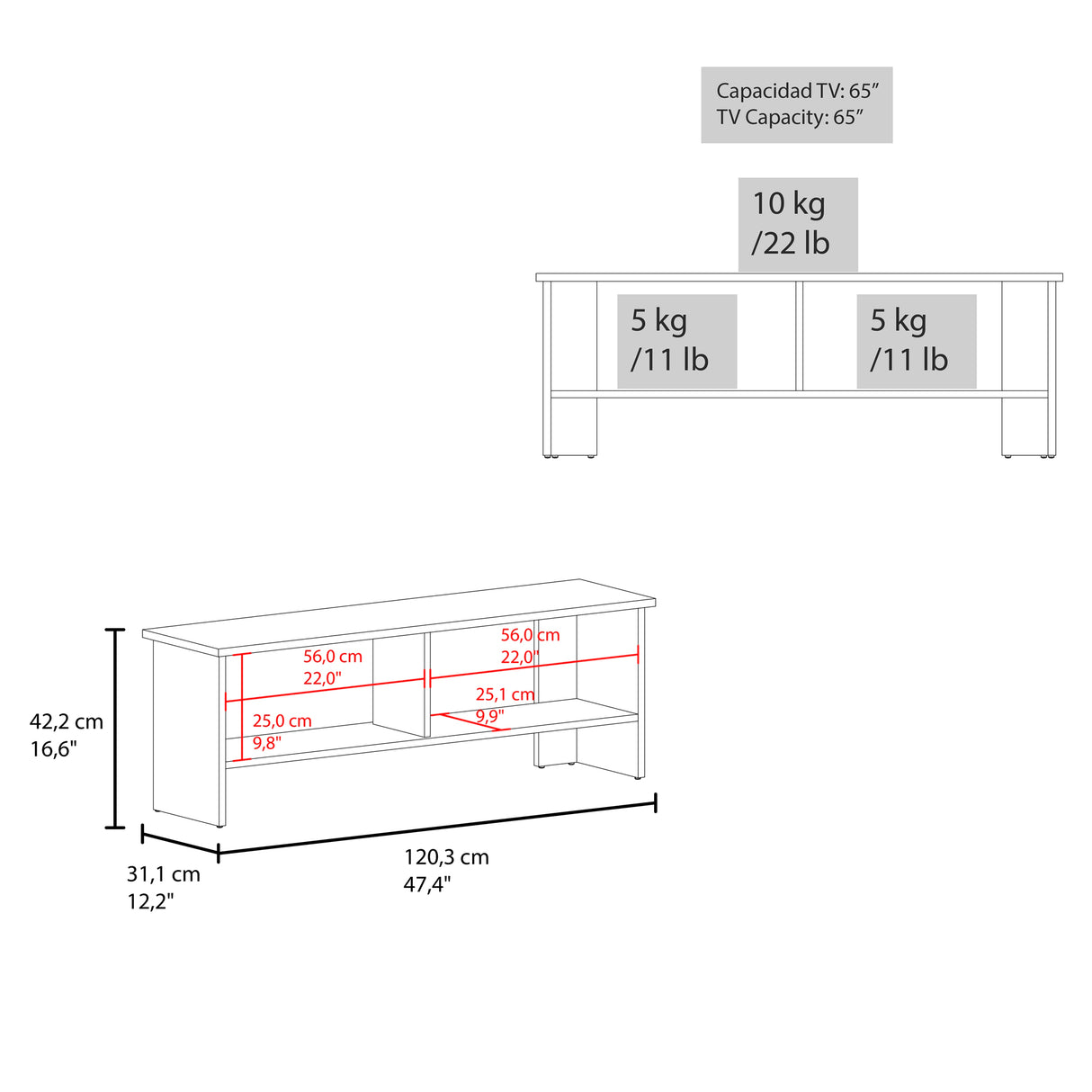 Mesa para TV Navia Fresno Europeo 120.3x42.1cm para TV Hasta 50 Pulgadas con Dos Compartimientos - MUEBLES DE TV | Bylmo