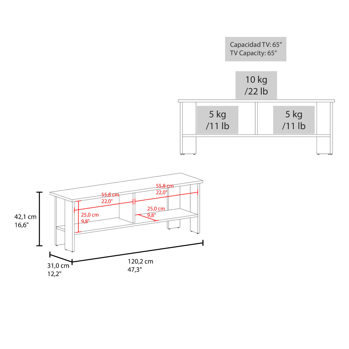 Mesa para TV Navia Fresno Europeo 120.3x41.9cm para TV Hasta 50 Pulgadas con Dos Compartimientos - MUEBLES DE TV | Bylmo
