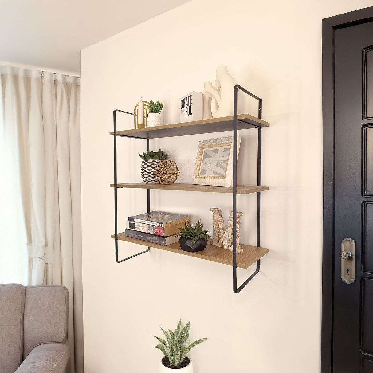 Repisa Vivarium 2026 Madera Natural y Negro 65x70cm Rectangular Flotante con Tres Entrepaños - REPISAS | Bylmo