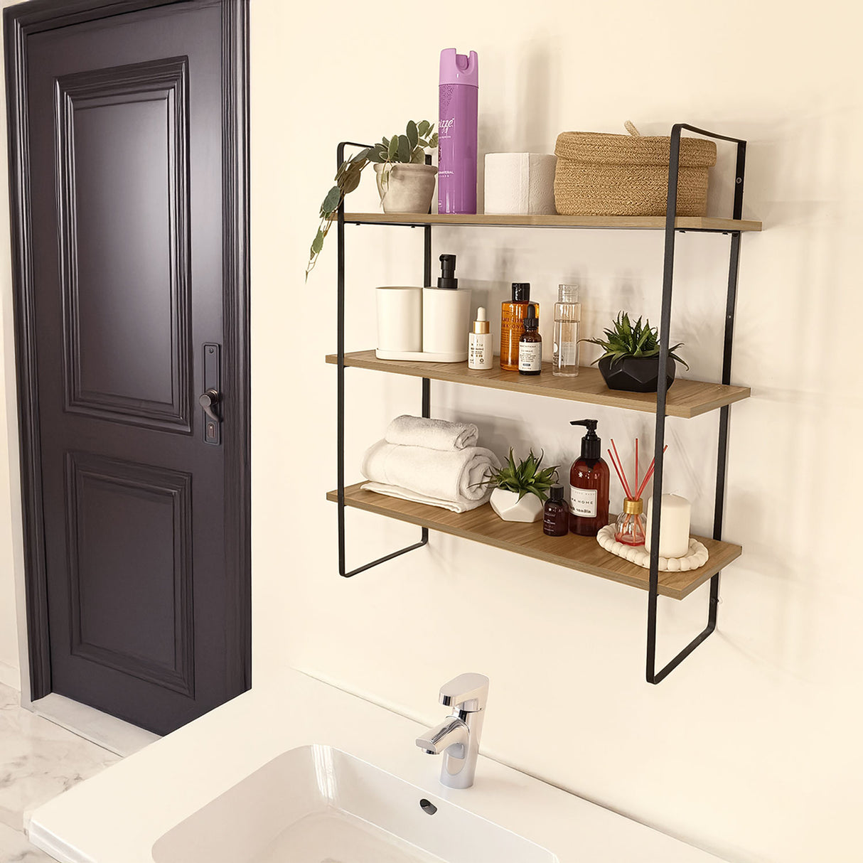 Repisa Vivarium 2026 Madera Natural y Negro 65x70cm Rectangular Flotante con Tres Entrepaños - REPISAS | Bylmo
