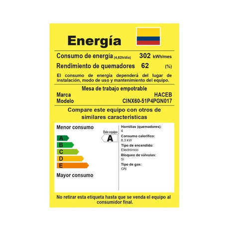 Estufa de empotrar Haceb Platina Acero 63x55cm para Gas Natural con Cuatro Quemadores - ESTUFAS DE EMPORTRAR Y CUBIERTAS | Bylmo
