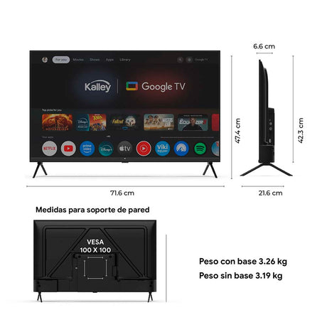 Televisor Kalley Google TV Negro 71.6x47.4cm Smart de 32" Pulgadas QLED Full HD 1080P con Wifi y Bluetooth Integrado
