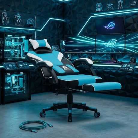 Silla Gamer Edifice Azul Claro y Negro 66x124cm Ergonómica con Apoya Brazos con Espaldar Reclinable y con Apoya Cabezas - SILLAS DE OFICINA | Bylmo