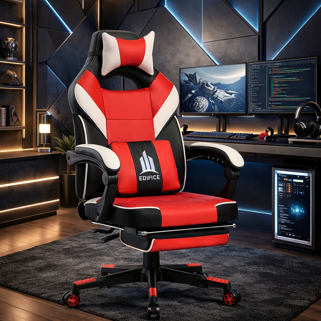 Silla Gamer Edifice Rojo y Negro 66x124cm Ergonómica con Apoya Brazos con Espaldar Reclinable y con Apoya Cabezas - SILLAS DE OFICINA | Bylmo